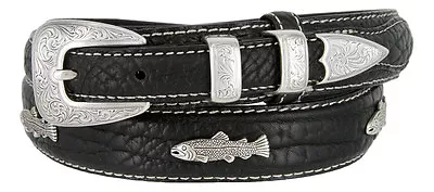 Western Silver Engraved Fish Conchos Belt Genuine Leather Bison Ranger Belt • $49.95