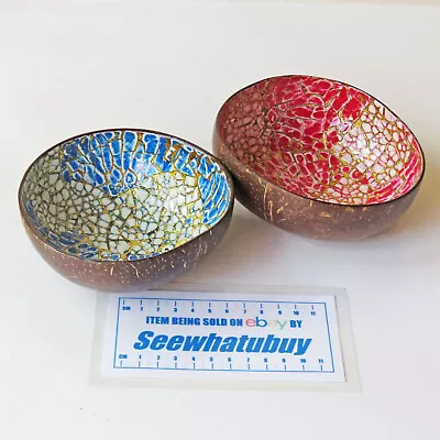 Pair Of Hand-Crafted Decorative Lacquered Coconut Shell Bowls (Blue & Red) • £7.99