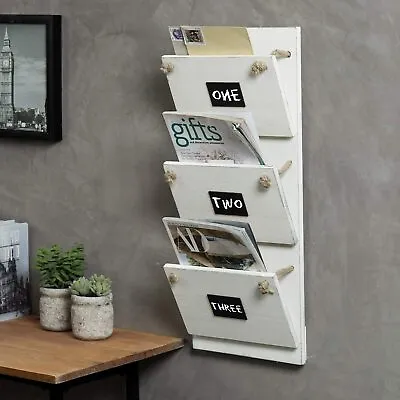 MyGift 3 Slot Vintage White Wood Mail Magazine Wall Rack With Chalkboard Labels • $52.99