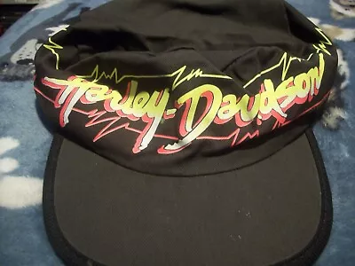 Vintage Harley Davidson Painters Cap Hat Neon Black 1980 One Size Fit Most • $19.99