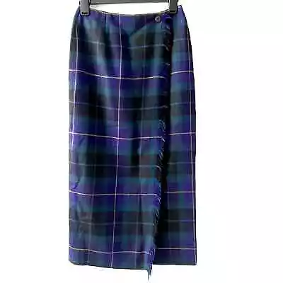 TALBOTS | Vintage Wool Wrap Long Maxi Skirt Purple Green Plaid Fringe Size 4 • $35