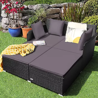 Rattan Garden 2 Seater Daybed Set With Cushions Outdoor Patio Lounger Furniture  • £261.99