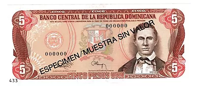 DOMINICAN REPUBLIC P-143s 5 Pesos 1993 SPECIMEN UNC • $75