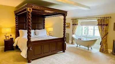 King Four Poster Bed. Solid Roof. Curtain Poles Antique Walnut. Fantastic Bed • £2395