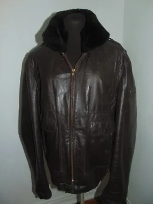 VTG Brown Leather Bomber Style Jacket Mouton Lamb Collar Size 46 Quilted Lining • $99.99