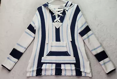 Vintage Havana Hoodie Women's M Blue White Striped Cotton High Low Slit Lace Up • $24.94