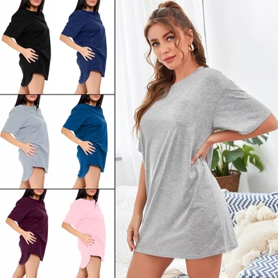 Women's Plain Cotton Night Wear Long T-shirt Front Pocket Short Sleeve Nightwear • £5.99