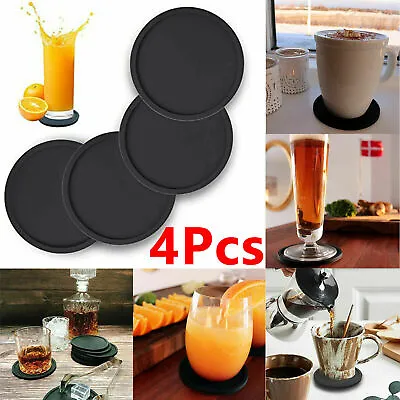 £3.85 • Buy 4x Set Round Black Silicone Coasters Non-slip Cup Mats Pad Drinks Table Glasses