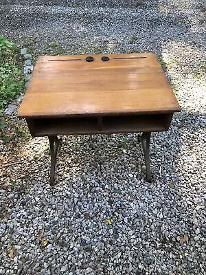 Antique Oak School Desk /Table W/ Fine Ornate Cast Iron Adjustable Patent Legs • $295