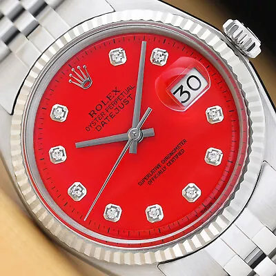 ROLEX MENS DATEJUST RED DIAMOND DIAL 18K WHITE GOLD STEEL WATCH W/ JUBILEE BAND • $4499