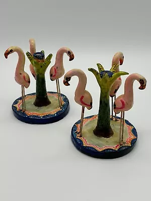 Vintage Flamingo Candlestick Candle Holder Hand Painted Mexico 4.25” Set Of 2 • $97