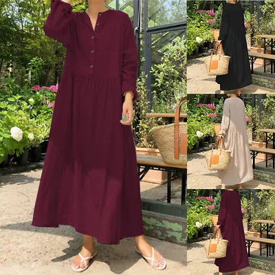 $24.12 • Buy AU Stock Women's Long Sleeve V-Neck Dresses Long Maxi Kaftan Baggy Swing Dress