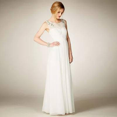 Coast Mesh Dress Diamante Embellished Bridesmaid Wedding Maxi Gown Ivory 6 - 10 • £24.99