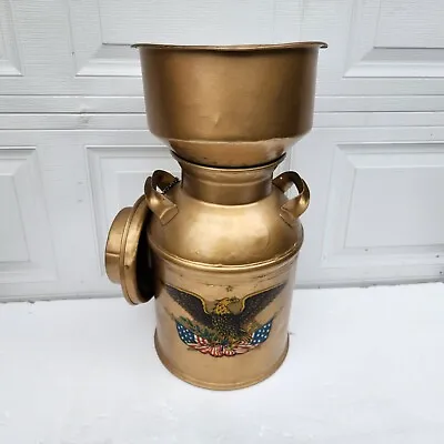 Vintage Gold Metal Milk Jug Can Container Eagle Picture +Lid +Sifter Funnel COOL • $152.89