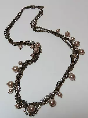 J. Crew Bronze Tone Twist Chain Necklace Rhinestones & Faux Pearls 31 Inch • $30