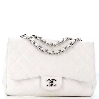 Chanel Vintage Classic Single Flap Bag Quilted Caviar Jumbo White • $4404.30