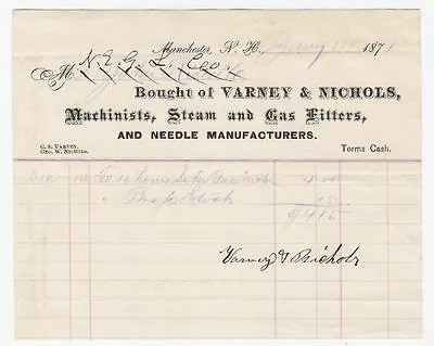 Varney & Nichols 1871 Manchester NH Billhead Machinists Gas Steam Fitter Invoice • $8