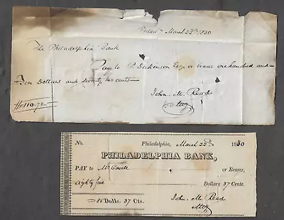 Philadelphia Pennsylvania- Philadelphia Bank - Two (2) Checks - 1830 • $6.99