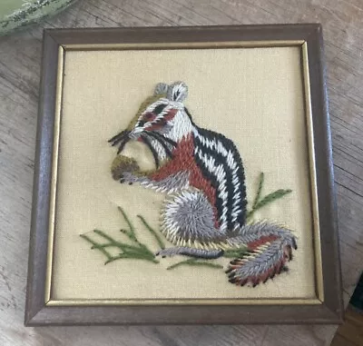 Vintage Boho Hand Embroidered Chipmunk Framed Picture 6.5 X 6.5 Inches • $11.95