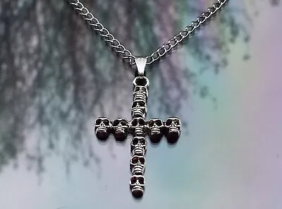 Mens Silver Skull Cross Pendant Necklace On 3mm Stainless Chain By Hudegate • £4.99