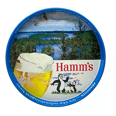 HAMM'S BEER Dancing Bears Round Blue Metal Tin Serving Tray Decor Man Cave Bar • $34.97