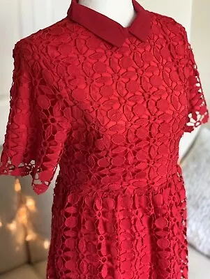 Polagram Deep Red Lace Overlay Peter Pan Collar Midi Dress. Size Sm Chic Modest • $28