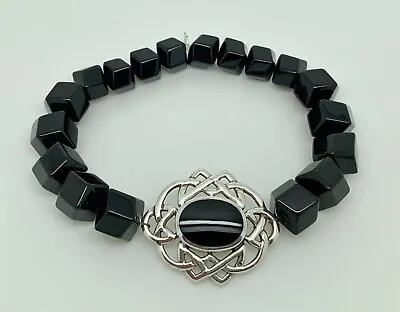 Kit Heath Sterling Silver Celtic Knot Onyx Panel Black Onyx Cubed Bead Bracelet • £19.99