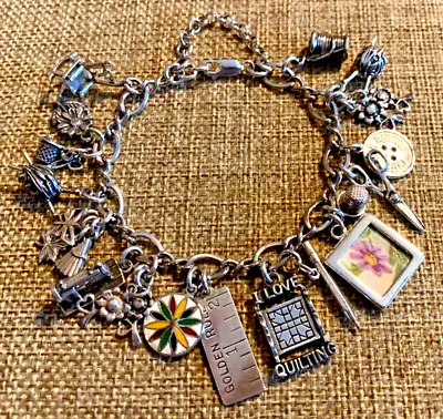 Vintage Sterling Silver Quilting Sewing Knitting Theme 23 Charms 7  Bracelet 44g • $139.99
