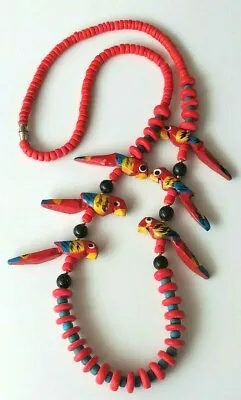 Vintage Fetish Tropical Parrot Necklace Wooden Carved Scarlet Macaw Beads 26   • $24