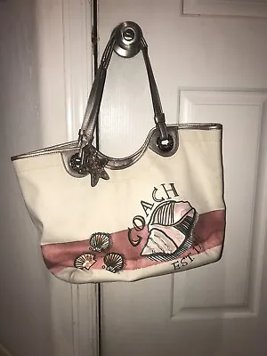 Coach # F19273 ~ Bag Beach Seashell Shoulder Natural Canvas Tote W/ Wristlet • $175