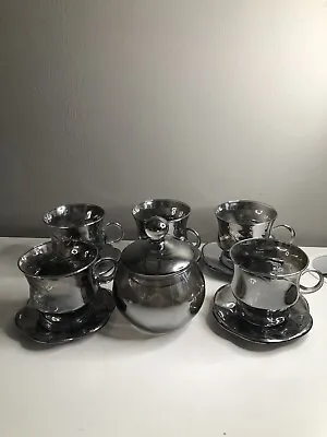 Vintage Mercury Glass Tea Set .  4 Cups With Saucers And Sugar Bowl With Lid • $25