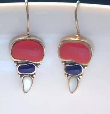 Vintage 925 Sterling Silver Coral Lapis Mother Of Pearl Earrings GFJ • $21