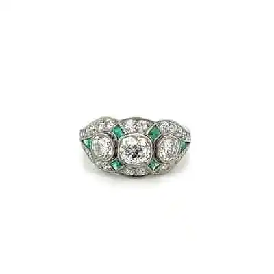 Vintage 3-Stone Diamond And Emerald Platinum Cocktail Ring Estate Fine Jewelry • $15500