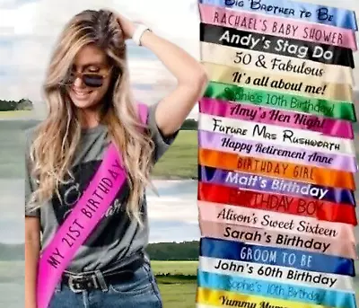 Personalised Birthday Sash / Hen Party Sashes /16th/18th/21st/30th/40th Any Text • £2.49