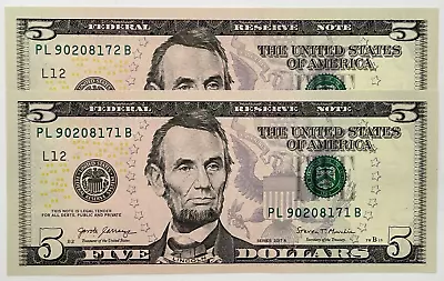 NEW Uncirculated Five Dollar Bills Series 2017A $5 Sequential Notes Lot Of 2 • $18.95