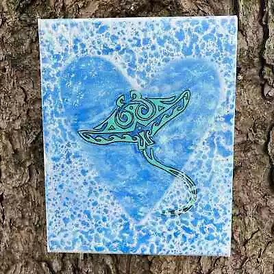 Blue Green & White Manta Ray Heart Glow In The Dark Powerwash Canvas Art 8x10 • $25
