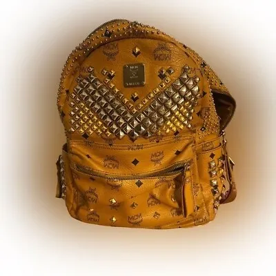 🎒MCM Cognac Silver & Gold Studded Medium Backpack *Used* M1976 See Photos • $350