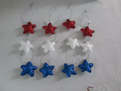 12pc-1  Mini Patriotic Red White & Blue Glitter Star Ornaments-4th Of July New • $5.99