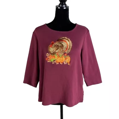 Quacker Factory Thanksgiving Turkey Pumpkins Embroidered Rhinestone Blouse Large • $21