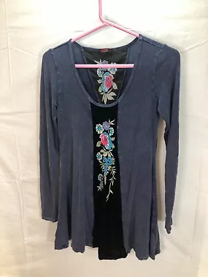 T Party S Gray Boho Velvet Floral Embroidery  Swing Tunic Top Made USA • $23.99