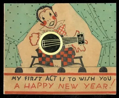 Vintage Happy New Year Card Art Deco EARLY MINSTREL PLAYS GOLD FOIL BANJO Unused • $8.96