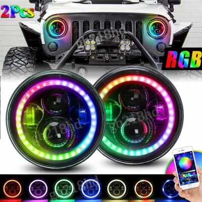 $86.99 • Buy For Jeep Wrangler JK TJ LJ Halo RGB 7'' LED Headlights DRL Lights Combo Kit 2PCs