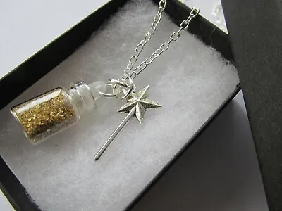 Handmade Pretty Tinkerbell Fairy Gold Dust Make A Wish Glass Jar Chain Necklace • £5.25