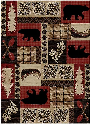 Lodge Bear Cabin Pinecone Canoe Red Area Rug **FREE SHIPPING** • $59.50