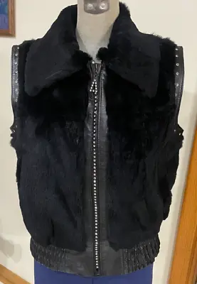 Gorgeous Rabbit Fur Vest Womens Large Black W Leather Trim & BLING EUC Tendler • $44.99