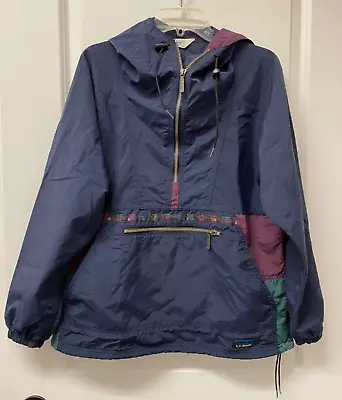 Vintage LL Bean Pullover Women’s Medium Aztec Colorblock Windbreaker Anorak Navy • $34.95