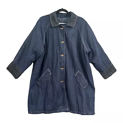 VTG 90s Jill Evans Quilted Denim Jacket Womens Lg Duster Blue Trench Oversized • $44.99