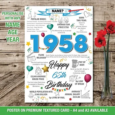 £5.01 • Buy 1958 65th BIRTHDAY POSTER PRESENT GIFT PERSONALISED NAME DAD SON HUSBAND HIM 043