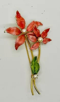 Vintage Hattie Carnegie Pink Flower Pin Brooch Enamel & Faux Pearls • $75