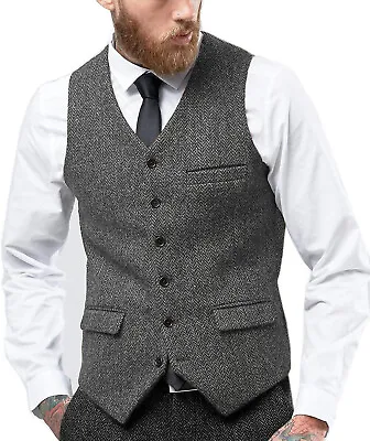 Mens Tweed Vest Waistcoat Vintage Grooms Wedding Herringbone Suit M Large XL XXL • $32.98